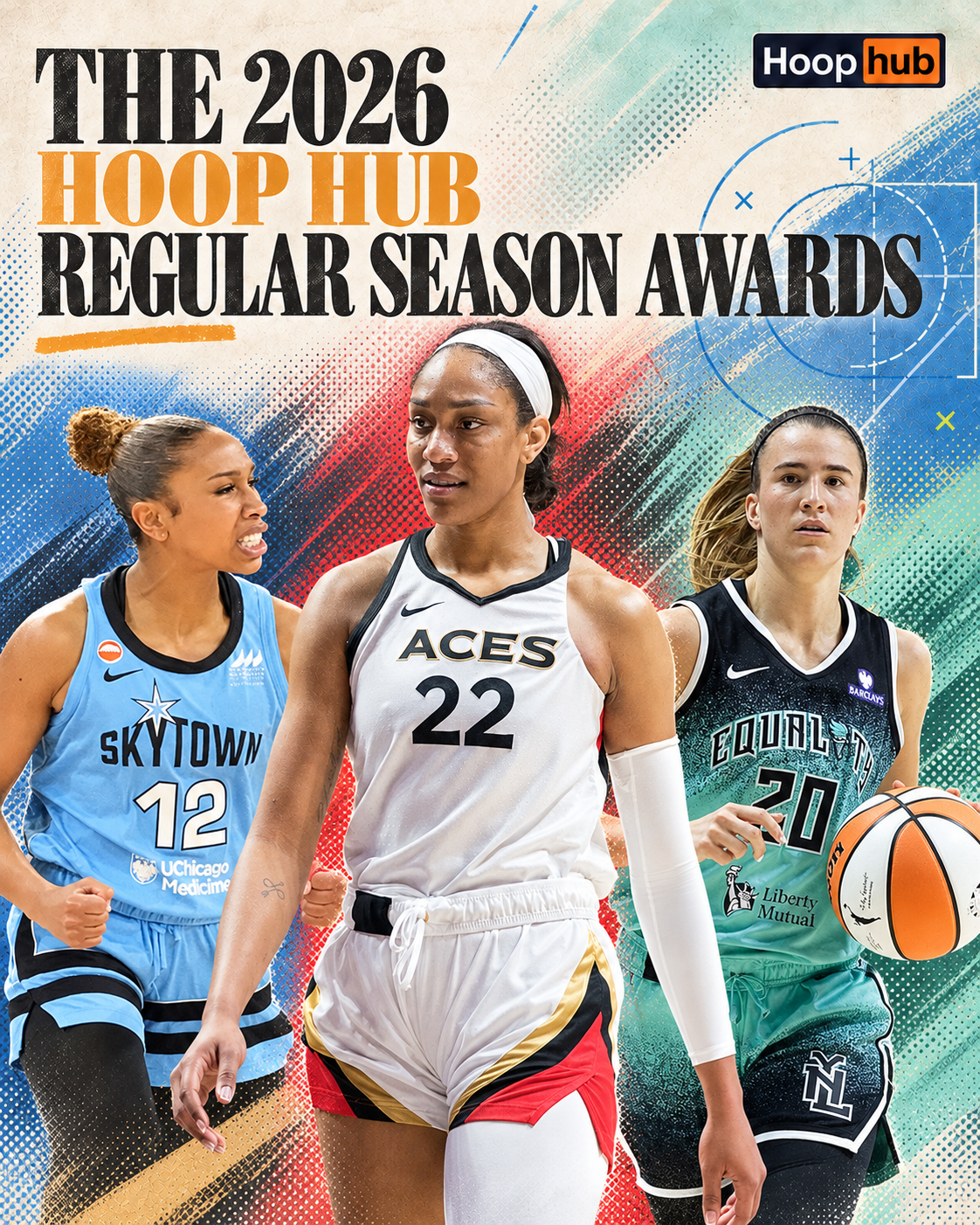 The 2026 Hoop Hub Regular Season Awards cover featuring Sydney Taylor, A’ja Wilson and Sabrina Ionescu