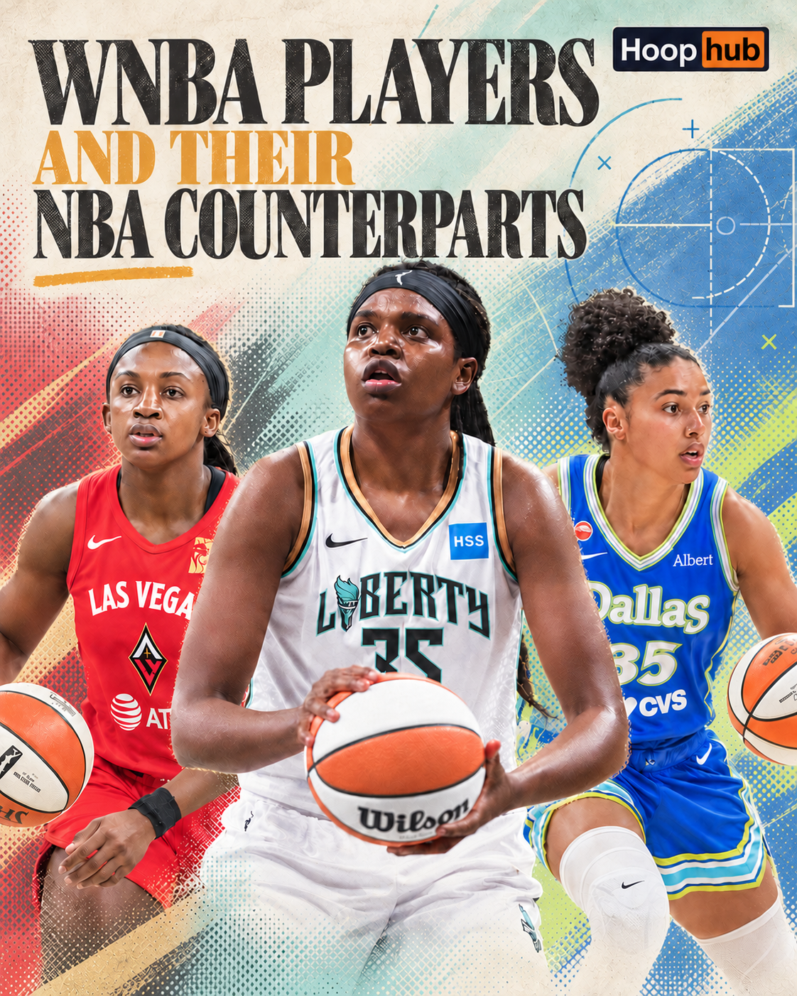 WNBA Players and Their NBA Counterparts cover featuring Jackie Young, Jonquel Jones and a Dallas Wings player